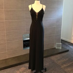 Black, long dress with beaded bodice.